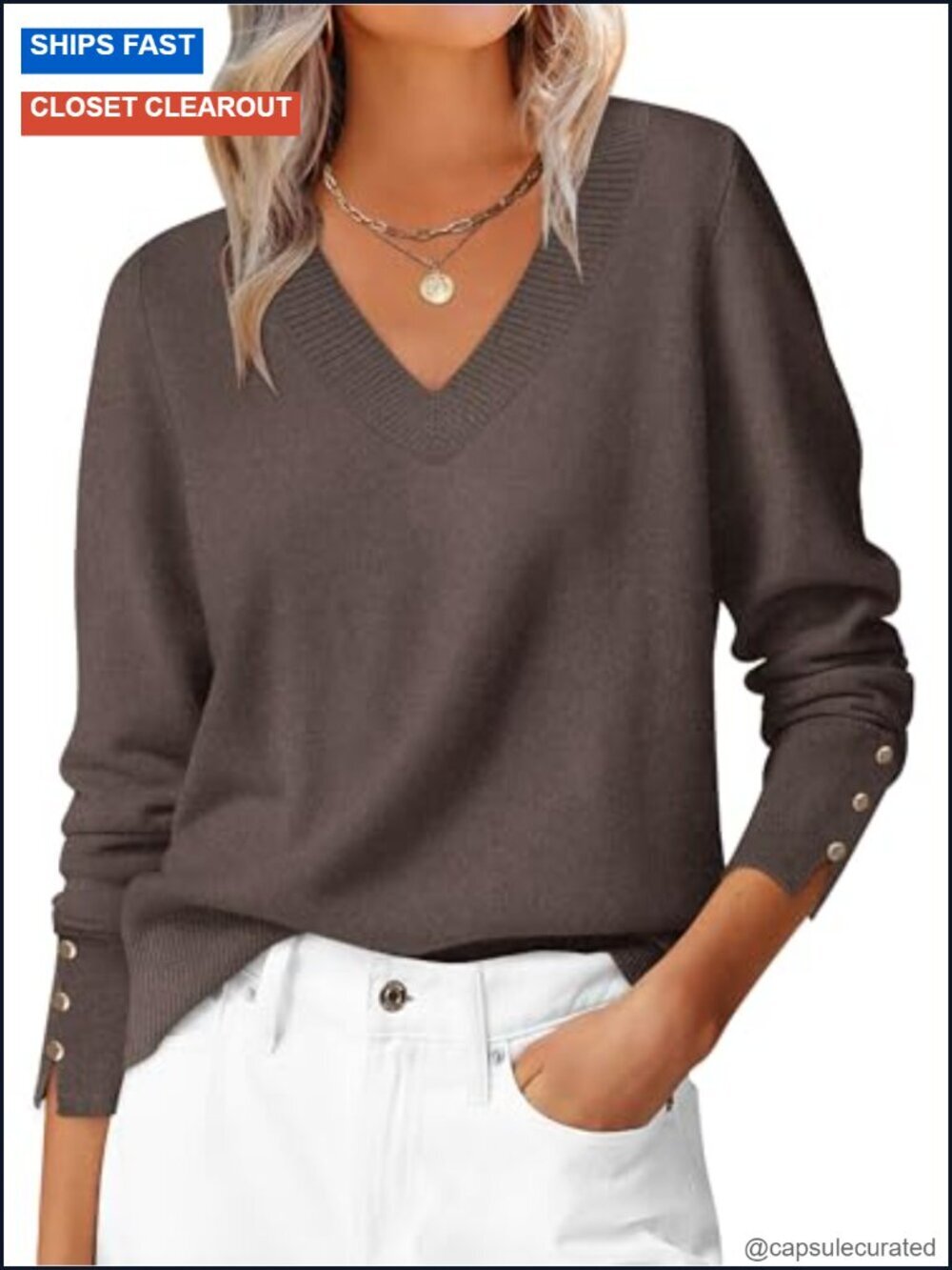 Long Sleeve V Neck Lightweight Knit Pullover Sweater Top